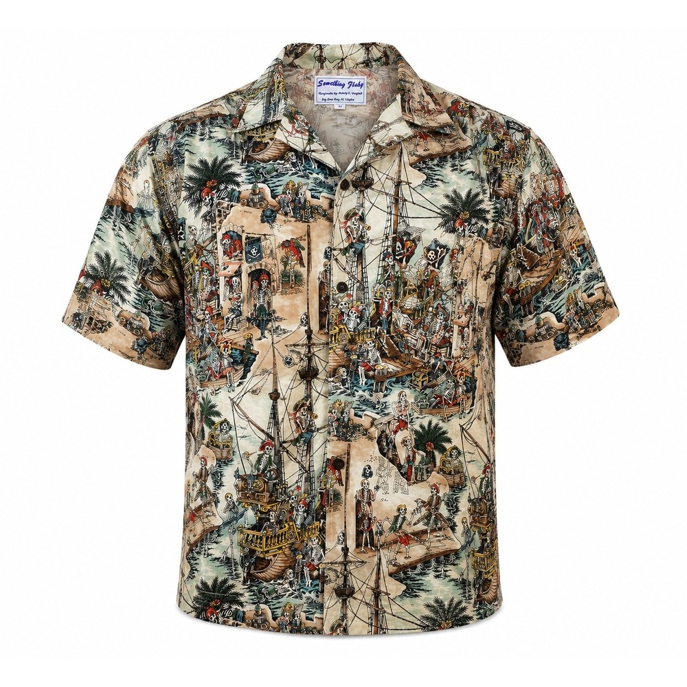 Something Fishy Pirate Skeleton Shirt Mens M Tan Excellent Relaxed Resort Fit